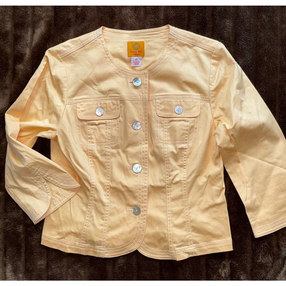 Ruby Rd. 6P Butter Yellow Stretch Cotton Short Jacket w MOP Buttons MINT!‎